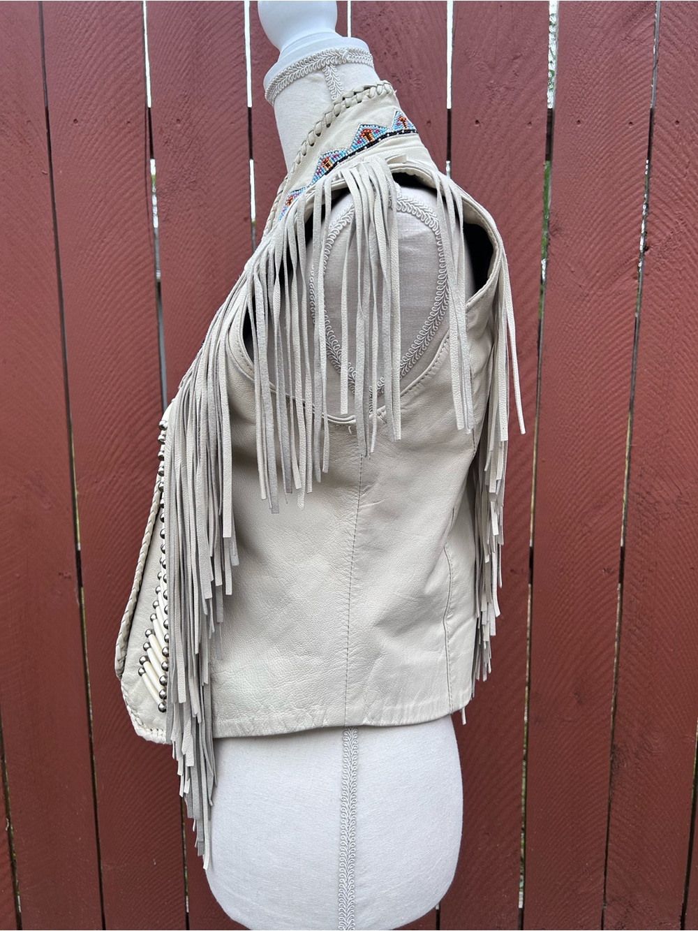 Ivory Fringe Leather Vest with Beaded Accents - Picture 3 of 8